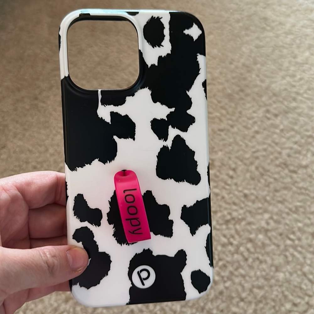 Cow print loopy case with hot pink loop